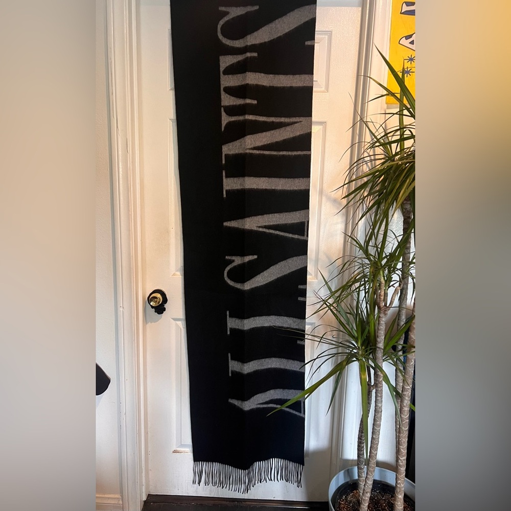 AllSaints Black and Gray Logo Scarf